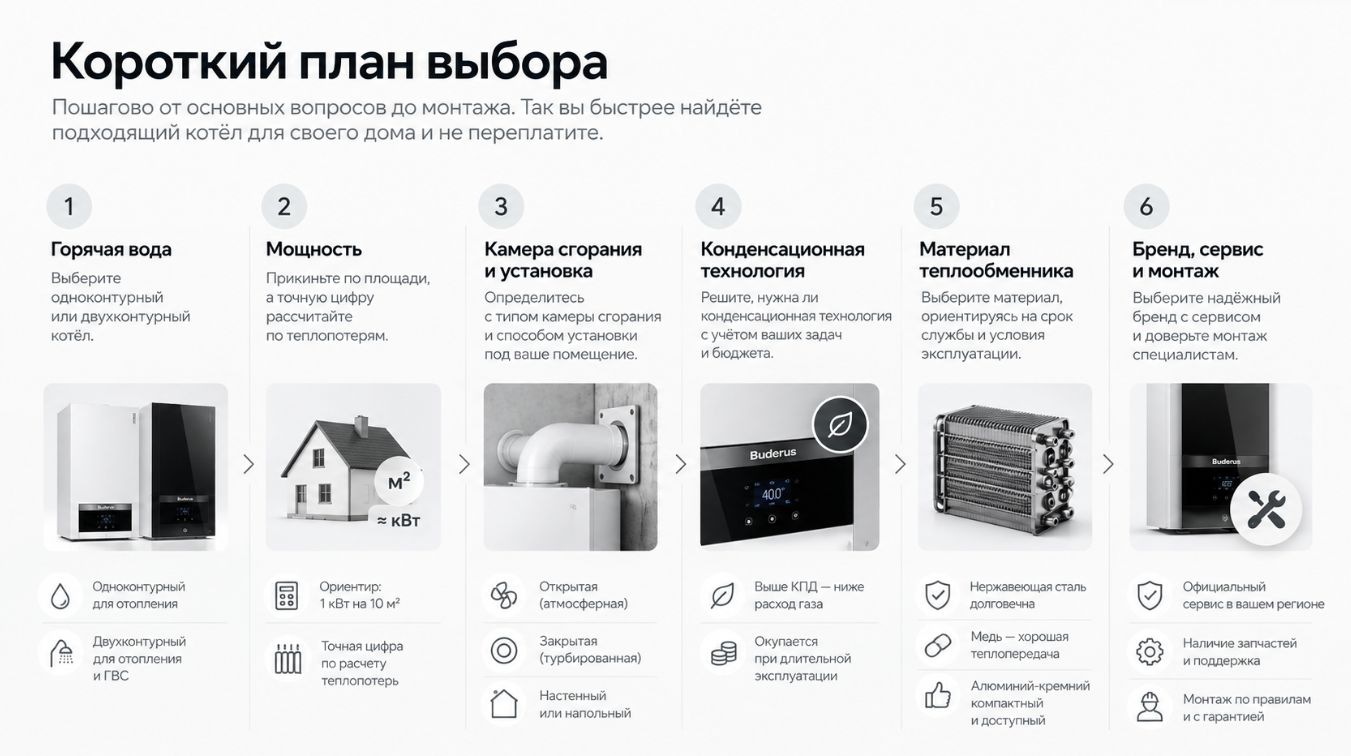Короткий план выбора газового котла: горячая вода, мощность, камера сгорания, конденсационная технология, теплообменник, бренд и монтаж